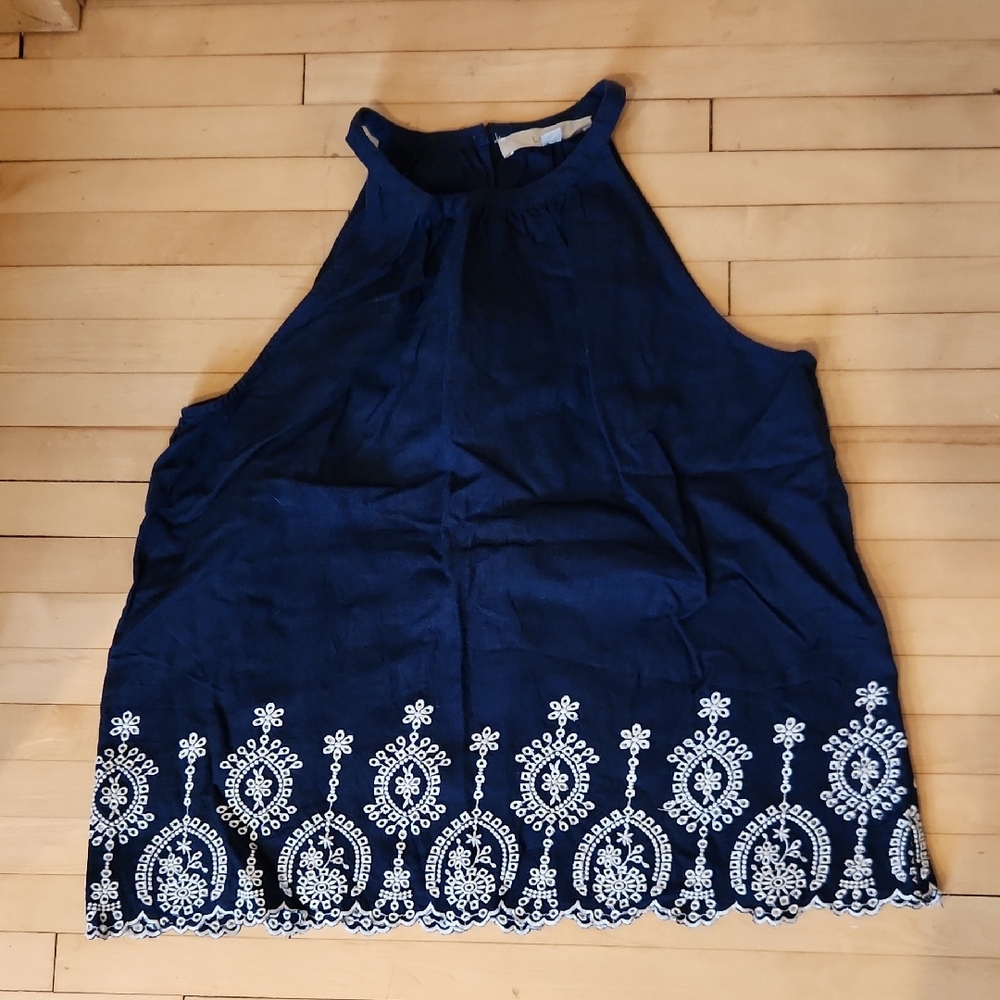 LOFT Navy Blue Halter Blouse with Cream Embroidery